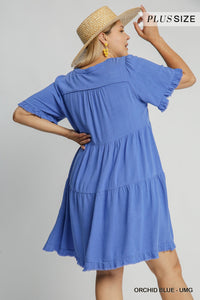 The Blue's--Umgee Linen Blend, A Line, Frayed Trim, Plus Dress