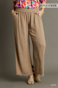 Umgee Linen Blend-Wide Leg Pant with Elastic Waist, Pockets, and Frayed Hem