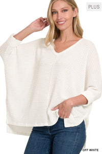 PLUS & Regular--3/4 Sleeve V-Neck Hi-Low Hem Jacquard Sweater