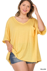 Plus Size Tri Blend Oversized Front Pocket Raw Edge Boyfriend Tee