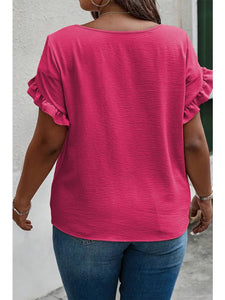 Bright Pink-Ruffle Short Sleeve Top Plus Size