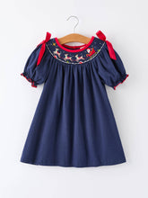 Load image into Gallery viewer, Christmas  Holiday Celebration Dress: Navy with Santa Sleigh
