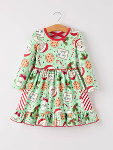 Winter Christmas Green Santa Girls Pocket Ruffle Dress