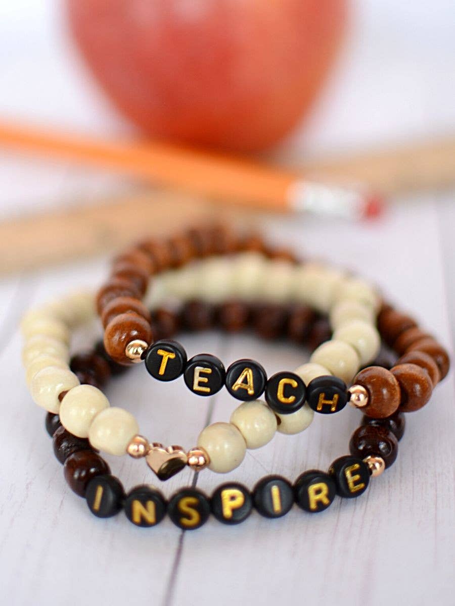 Teach Inspire WOOD bead stretch bracelet heart charm stack