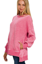 Load image into Gallery viewer, Acid Wash Fleece Hi Low Hem Pullover With Pockets--Hot Pink
