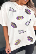 Load image into Gallery viewer, Game Day Real Sequin Football Print T-Shirt--Purple and Gold!!

