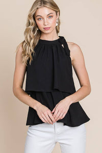 Woven halter neck blouse top with tie and ruffle detail