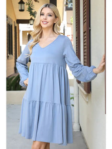 SOLID V-Neck Elastic Detail Sleeve Tiered Dress--Dusty Blue