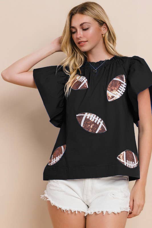 Plus -Football Sequin Patch Solid Poplin Blouse