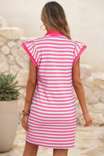 Load image into Gallery viewer, Stripe Print Contrast Collar Split Neck Short Dress
