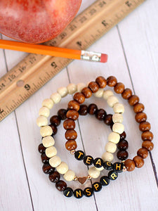 Teach Inspire WOOD bead stretch bracelet heart charm stack