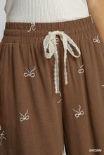 Load image into Gallery viewer, Umgee Embroidered Bow Linen Pull-On Pants-Brown
