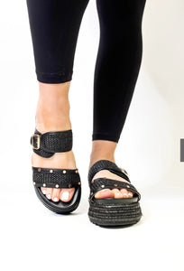 Corky's Black Raffia Walk of Shame Sandals