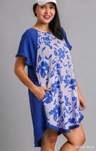 Load image into Gallery viewer, Umgee Linen Blend Front Floral Print Dress with High Low Hem &amp; Unfinished Fringe - Royal Blue
