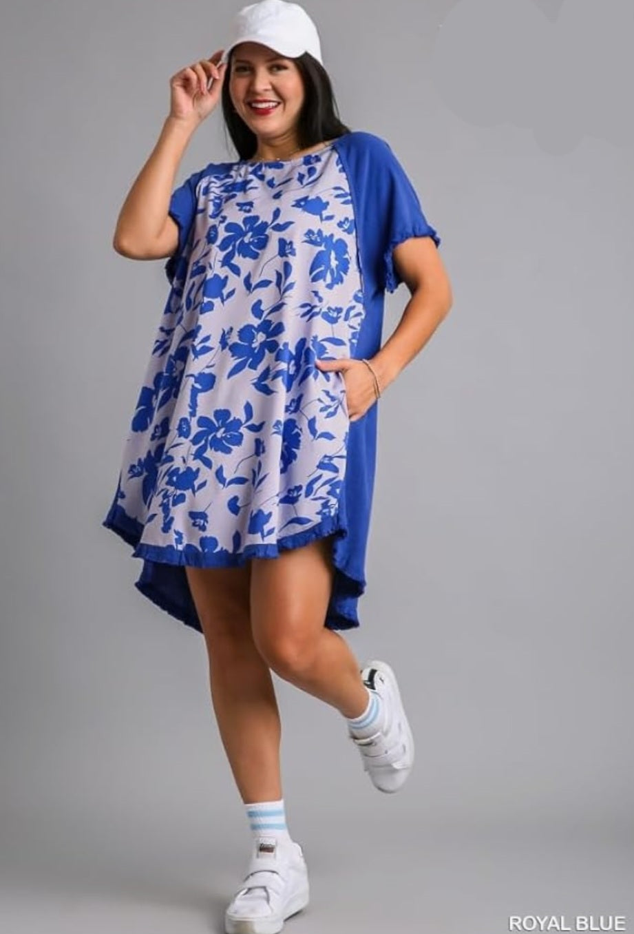 Umgee Linen Blend Front Floral Print Dress with High Low Hem & Unfinished Fringe - Royal Blue