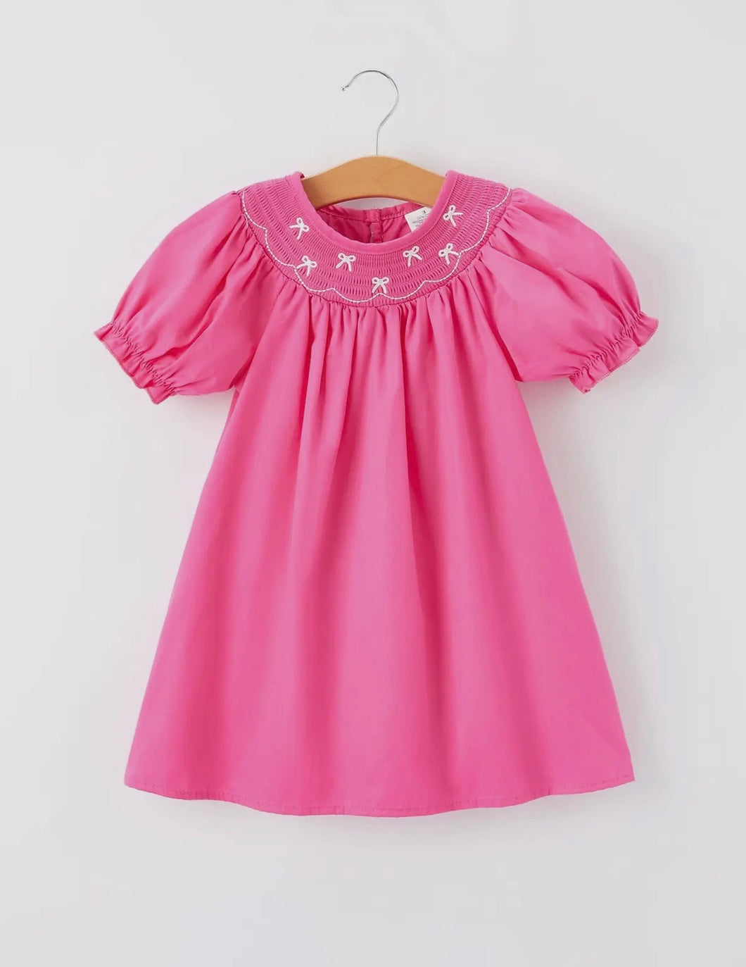 Girls Bow Smocking Embroidery Pink Dress