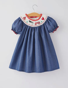 Girls Farm Smocking Embroidered Blue Dress