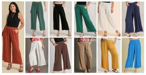 Umgee Linen Blend-Wide Leg Pant with Elastic Waist, Pockets, and Frayed Hem