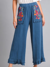 Load image into Gallery viewer, Umgee "Liv" Slate Blue Embroidered Frayed Pants

