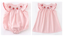 Load image into Gallery viewer, Strawberry Embroidered Plaid Smocked Available Romper or Dress
