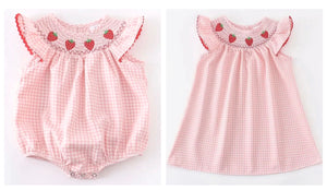 Strawberry Embroidered Plaid Smocked Available Romper or Dress