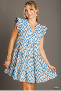 Umgee Blue Chevron Print Ruffle Sleeve Dress