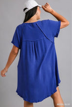 Load image into Gallery viewer, Umgee Linen Blend Front Floral Print Dress with High Low Hem &amp; Unfinished Fringe - Royal Blue

