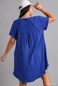 Umgee Linen Blend Front Floral Print Dress with High Low Hem & Unfinished Fringe - Royal Blue