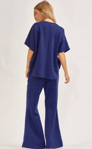 Dear Scarlett Womens Paris Short Sleeve Top with Pants Travel Set - Navy
