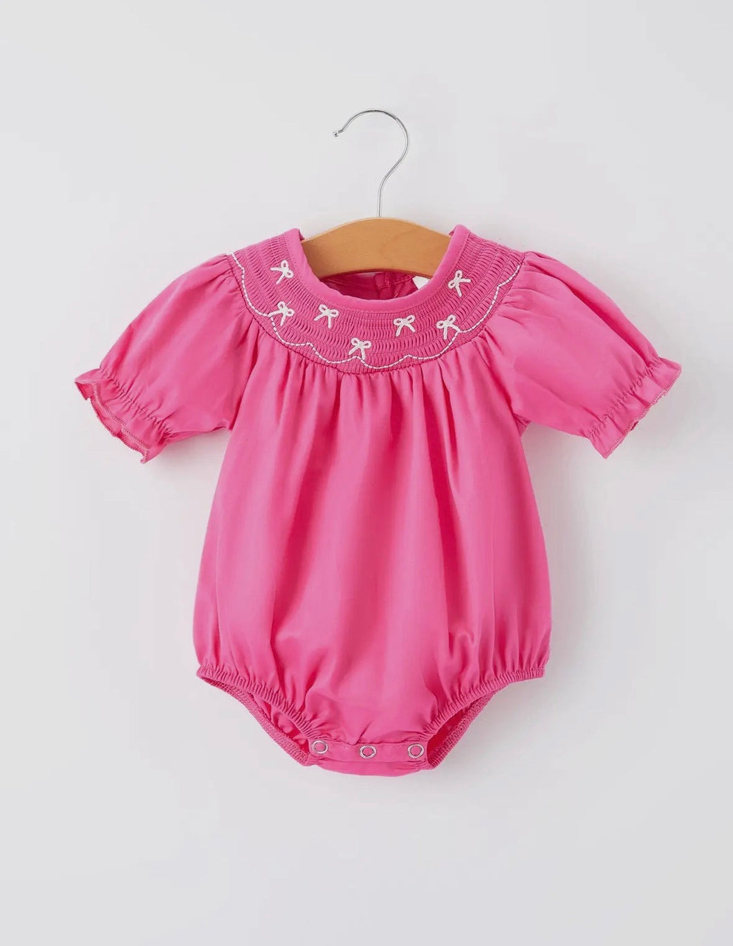Girls Bow Smocking Embroidery Pink Romper
