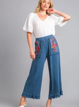 Load image into Gallery viewer, Umgee "Liv" Slate Blue Embroidered Frayed Pants

