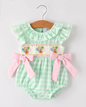Load image into Gallery viewer, Fall Thanksgiving Green Smock Embroidered Plaid Baby Girls Romper
