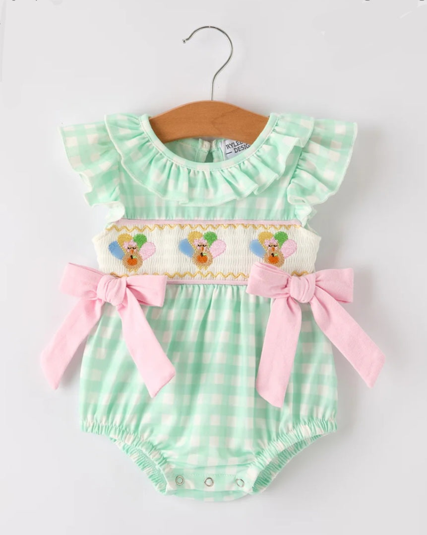 Fall Thanksgiving Green Smock Embroidered Plaid Baby Girls Romper