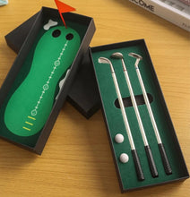 Load image into Gallery viewer, Mini Desktop Golf Putting Green 3 Ballpoint Pen Golf Clubs 2 Golf Balls &amp; Flag
