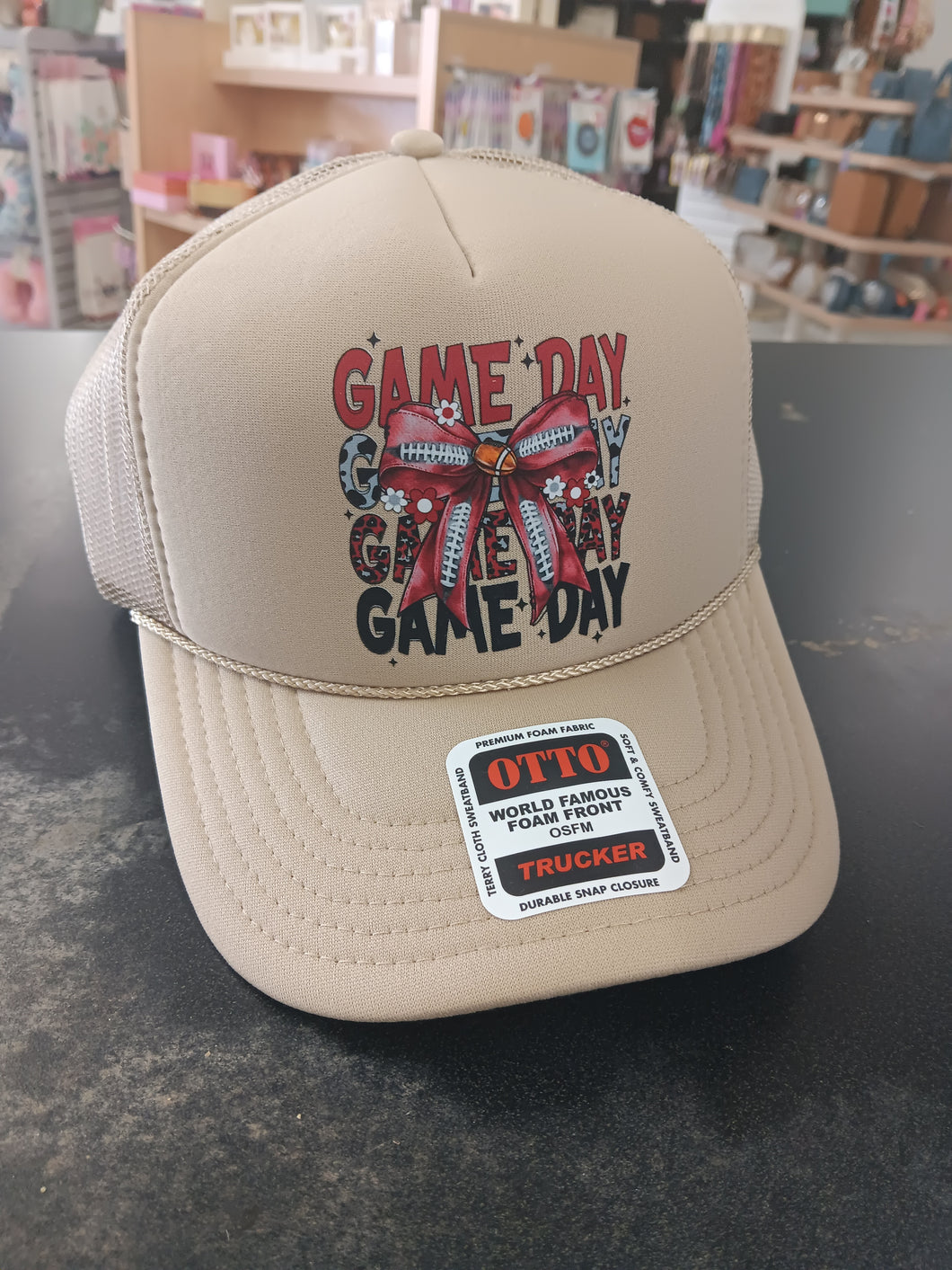 Crimson Stacked Gameday  Khaki Trucker Hat
