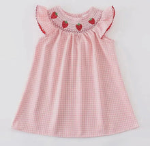 Load image into Gallery viewer, Strawberry Embroidered Plaid Smocked Available Romper or Dress
