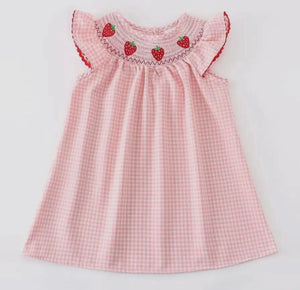 Strawberry Embroidered Plaid Smocked Available Romper or Dress