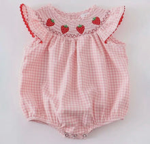 Load image into Gallery viewer, Strawberry Embroidered Plaid Smocked Available Romper or Dress
