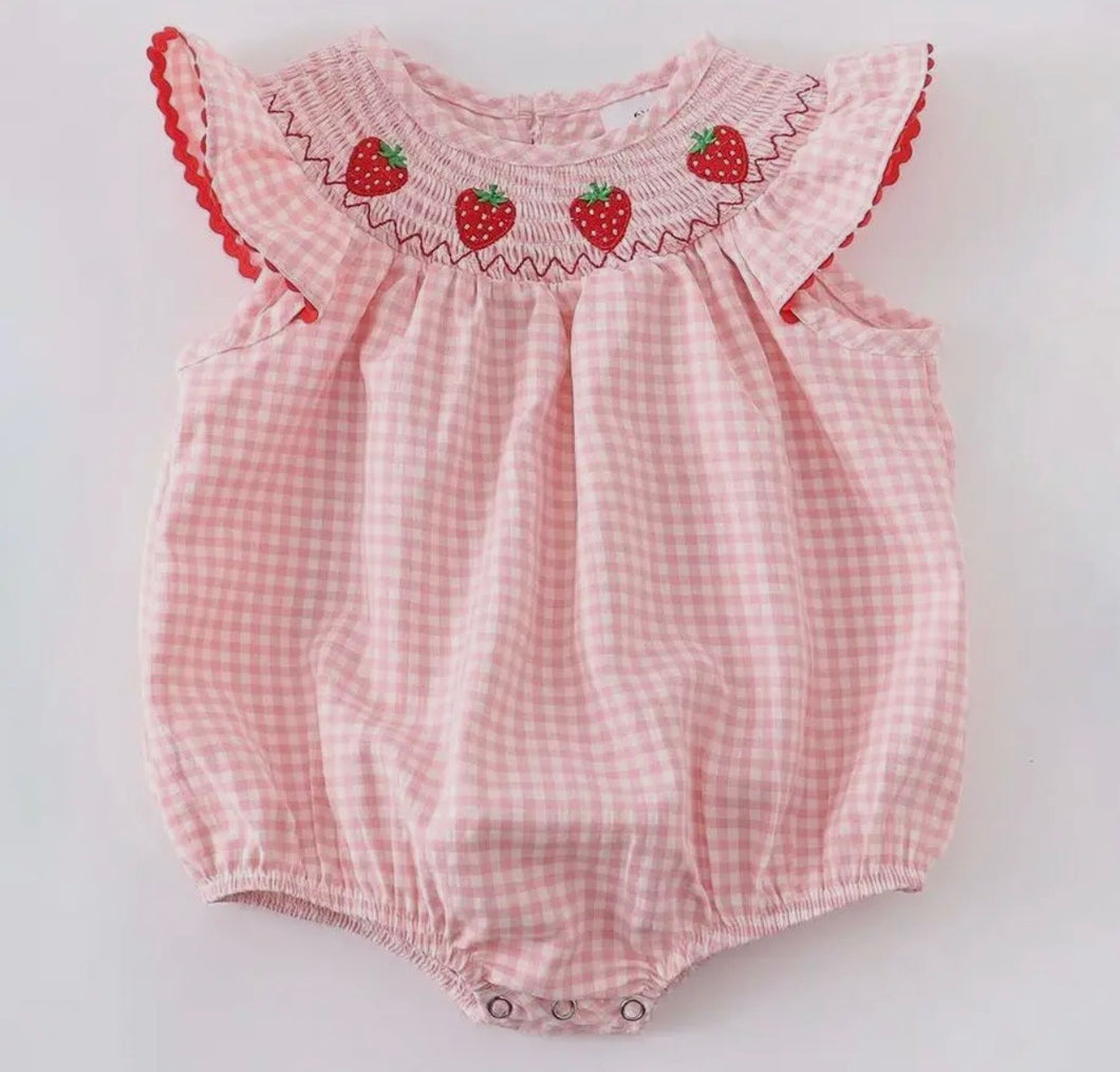 Strawberry Embroidered Plaid Smocked Available Romper or Dress