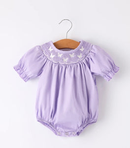 Girls Butterfly Smocking Embroidered Purple Romper