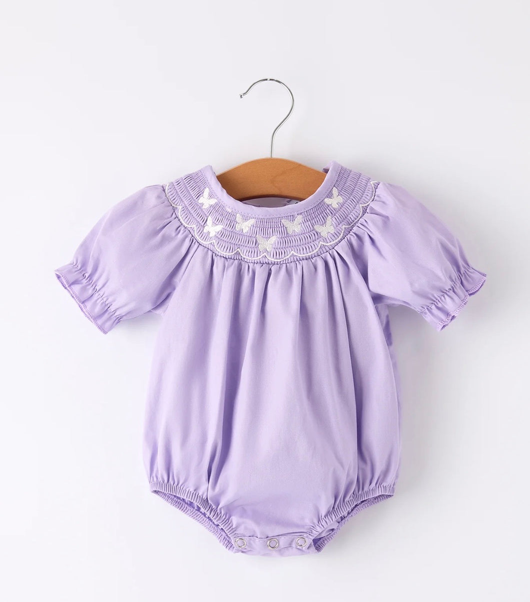 Girls Butterfly Smocking Embroidered Purple Romper