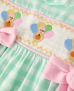 Fall Thanksgiving Green Smock Embroidered Plaid Girls Dress