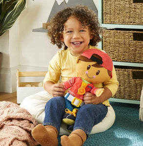 Playskool Dressy Kids Doll with Brown Hair and Hat, Activity Plush Toy with Zipper, Shoelace, Button, for Ages 2 and Up