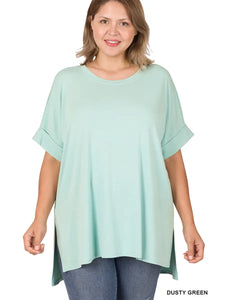 Plus Size Round Neck Side Slit High-Low Tunic