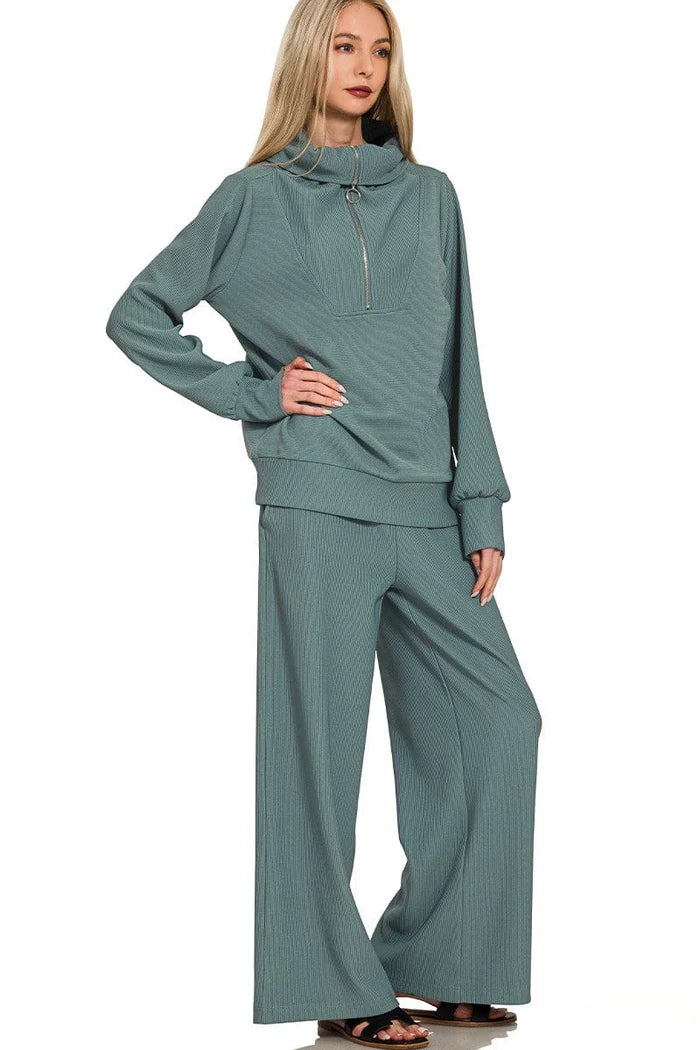 Ribbed High Neck Half Zip Pullover & Pants Set--Ash Jade
