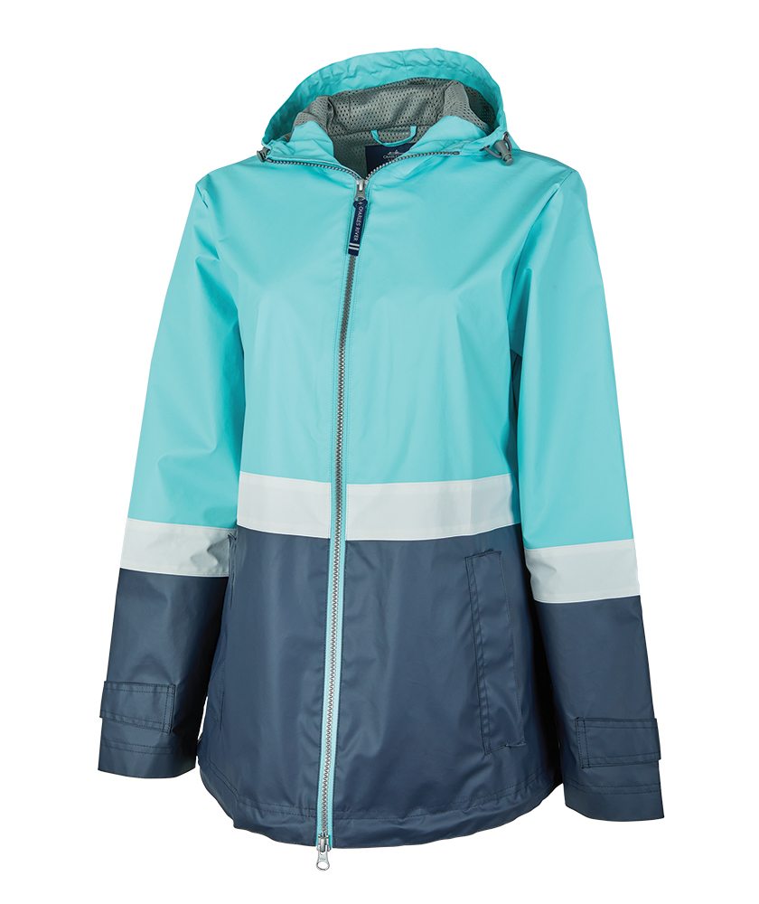 Charles River Women’s Color Blocked New Englander® Rain Jacket--Aqua/Navy/White