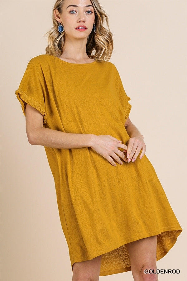 Umgee- Linen Blend Dress with Frayed Detail Umgee- Linen Blend Dress with Frayed Detail