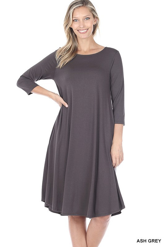 VISCOSE 3/4 SLEEVE ROUND NECK DRESS--PLUS-ASH GREY