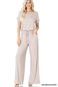 STRIPE JUMPSUIT ELASTIC WAIST BACK KEYHOLE