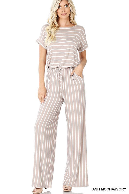 STRIPE JUMPSUIT ELASTIC WAIST BACK KEYHOLE